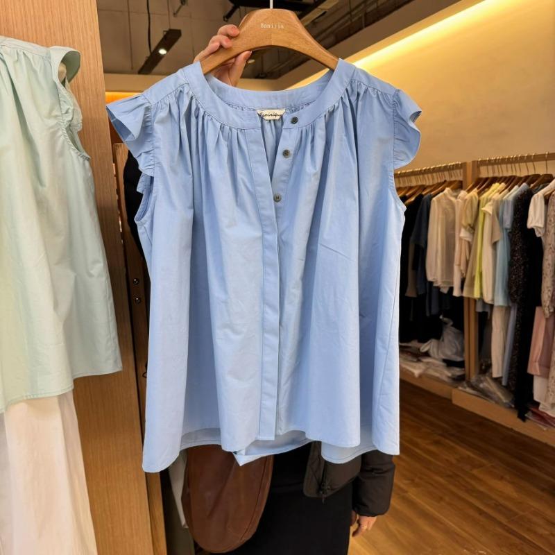 Vintage Solid Stylish Flying Sleeve Casual Shirts for Women Summer Loose Ruffled Women Blouses Pleated Fashion Elegant Shirt Female Clothing New 26285