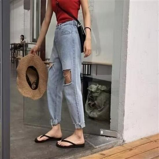 

Женские джинсы с высокой талией, рваные, с широкими штанинами - Прямые, стройнящие брюки-папа 9/10 Extra Large синий