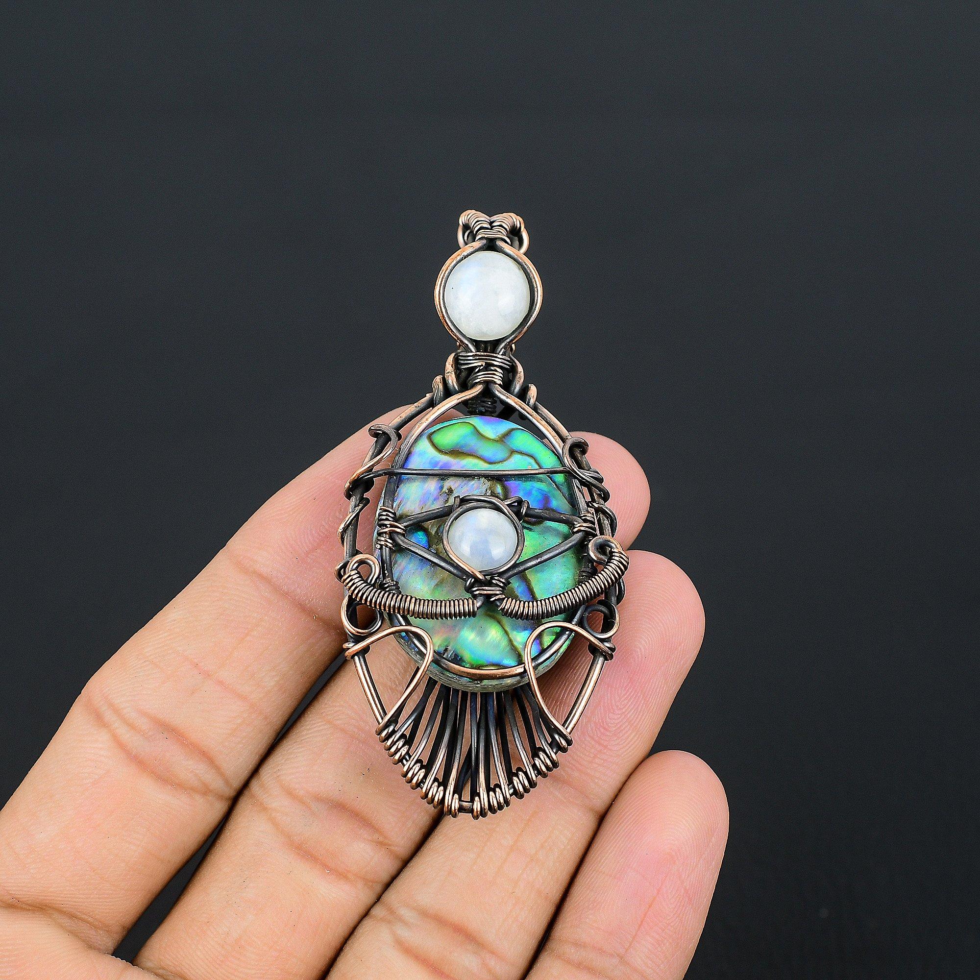 

Abalone Shell & Rainbow Moonstone Pendant, 999 Copper Wire Wrapped Jewelry, Gemstone Pendant, Gift For Her Handmade Dainty Jewelry 2.55 Inches
