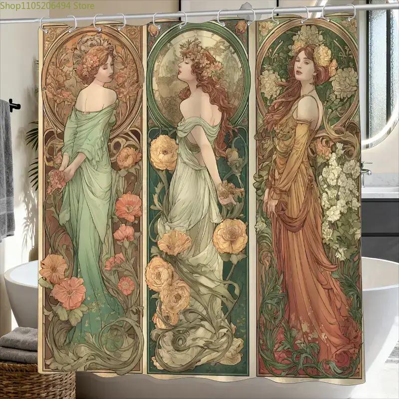 1pc Bathroom Shower Curtain, Original Illustration Art Exhibition Series, Japanese-style Shower Curtain, Includes 12 Hooks, 18