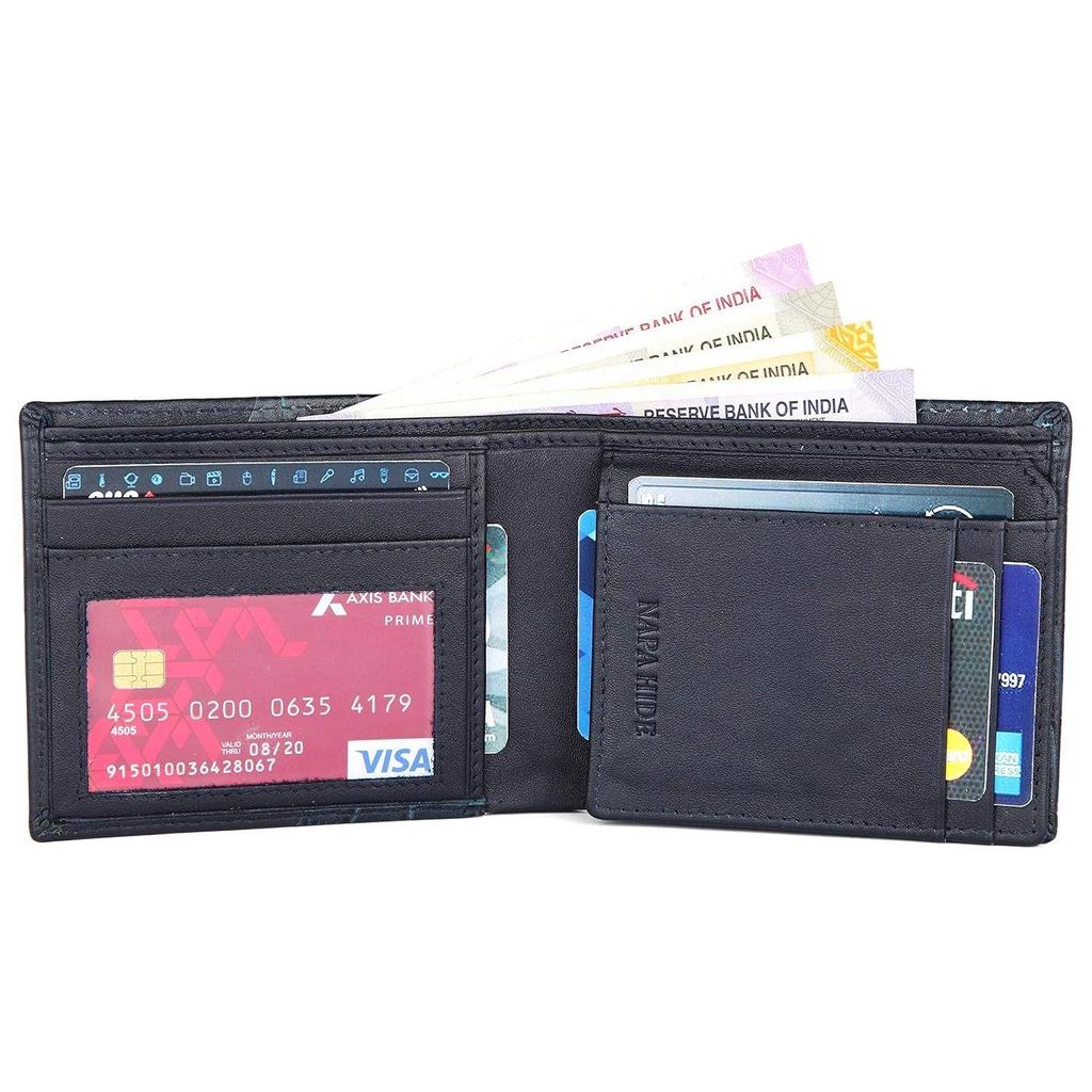 Blue Leather Wallet for Men I 4 Card Slots I 2 Currency Compartments I 1 ID Window I 3 Secret Compartments I External Card Slot I 1 Coin Pocket