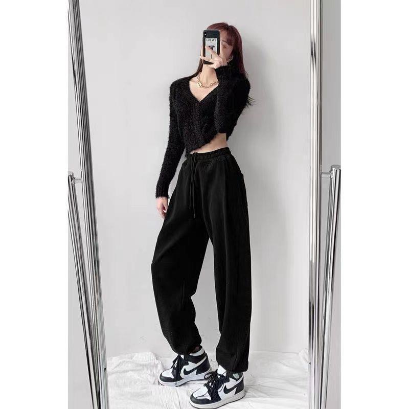 

Женские серые спортивные брюки с высокой талией и завязками на шнурке - весна/осень 2024 г. в корейском стиле, утягивающие и свободные velvet, L чёрный