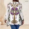 Women Plus Size V Neck Long Sleeve Colorful Galaxy Printed Asymmetric Hem Tunic Top