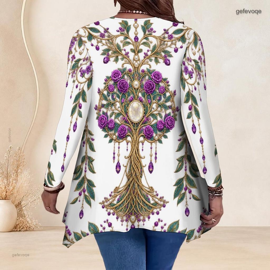 Women Plus Size V Neck Long Sleeve Colorful Galaxy Printed Asymmetric Hem Tunic Top