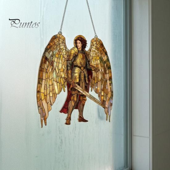 Religious Theme Room Decor Golden Archangel Warrior Acrylic Suncatcher, Faux Stained Glass Window Hanging Wing Armor Gift with Metal Chain,
