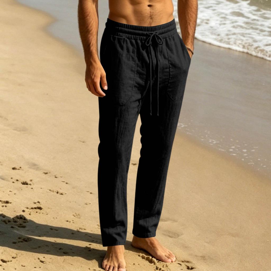 Men's Breathable Sweat Absorbent Solid Color Casual Wide Leg Linen Pants Elastic Waist Drawstring Lightweight Summer Trousers