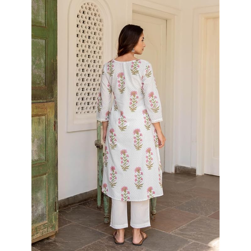 ANNI DESIGNER Women' Rayon Viscose Anarkali Printed Kurta with Pant (Dilam White White Large)