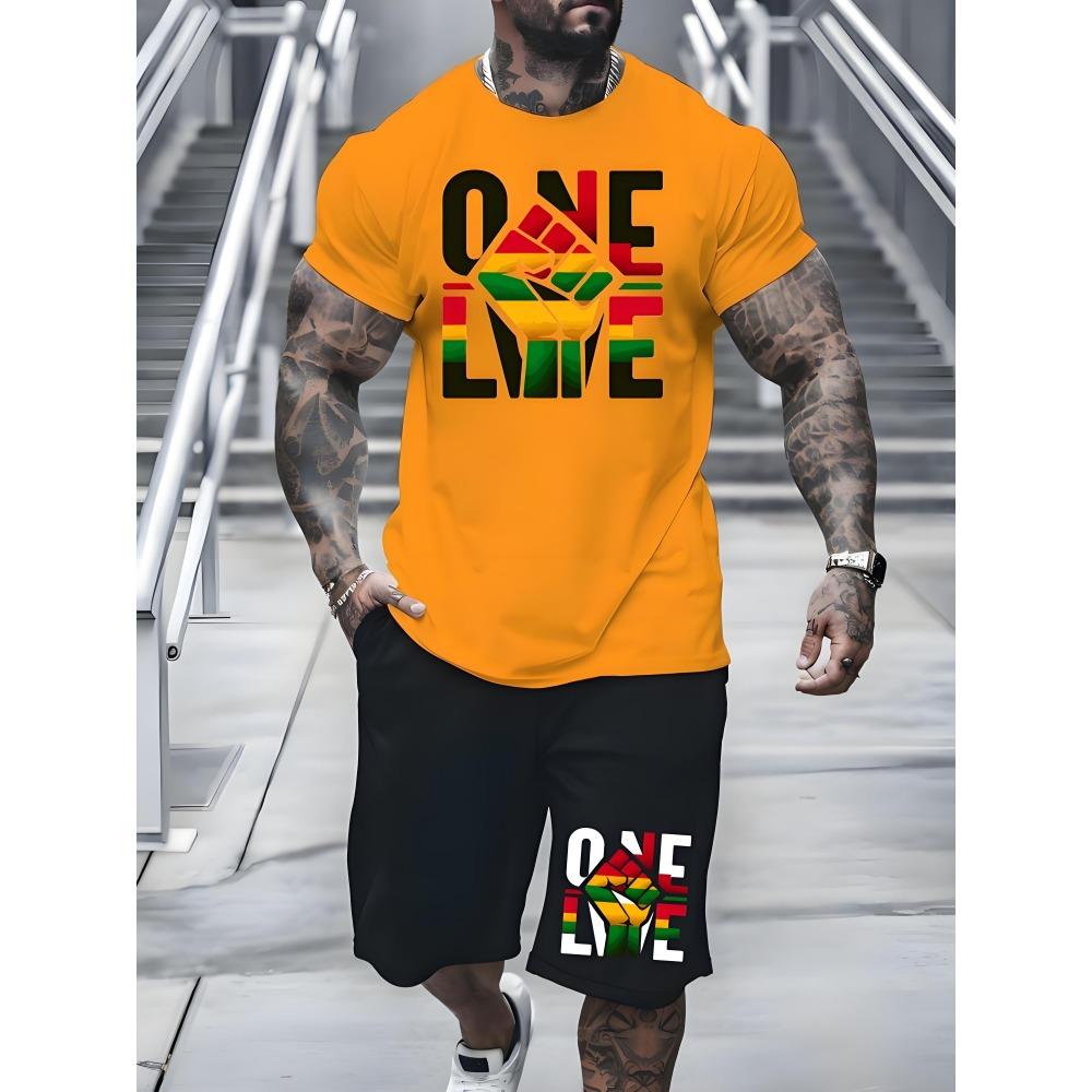 Fashion Colorful Love Graphic T-shirt Shorts Set Summer Sports Short Sleeve Shorts 2-piece Set Men's Quick Dry Sportswear Suit