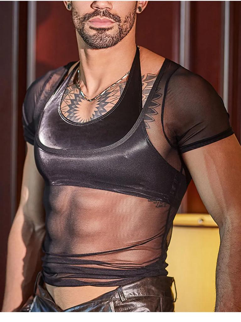 Men Short Sleeve T-Shirts Sexy Mesh See Through Man Clothing Shaper Wear Breathable High Elastic T-Shirts Exotic Night Club Tops