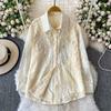 Women's Lapel Collar Long Sleeve Shirt Loose Fit Heavy Beaded Rhinestone Embroidery Blouse Vintage Floral Print Top