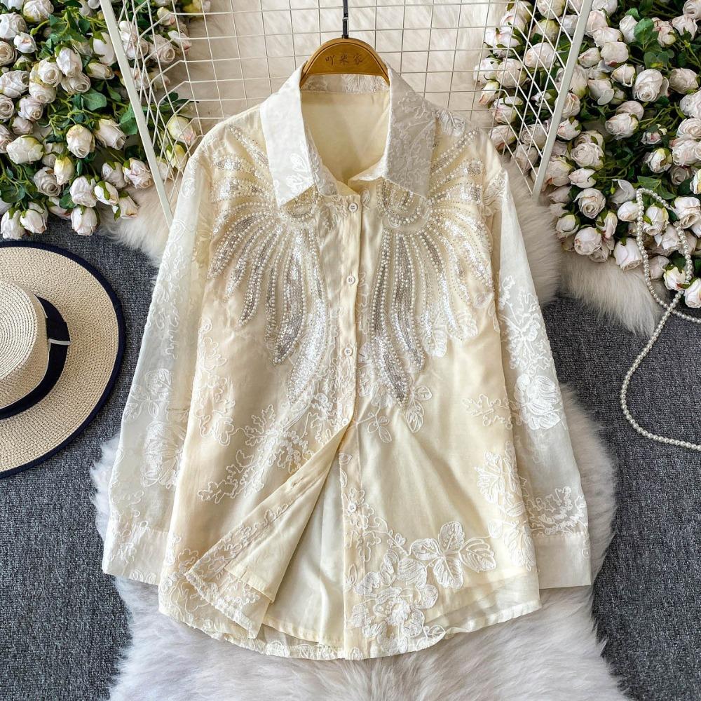 Women's Lapel Collar Long Sleeve Shirt Loose Fit Heavy Beaded Rhinestone Embroidery Blouse Vintage Floral Print Top