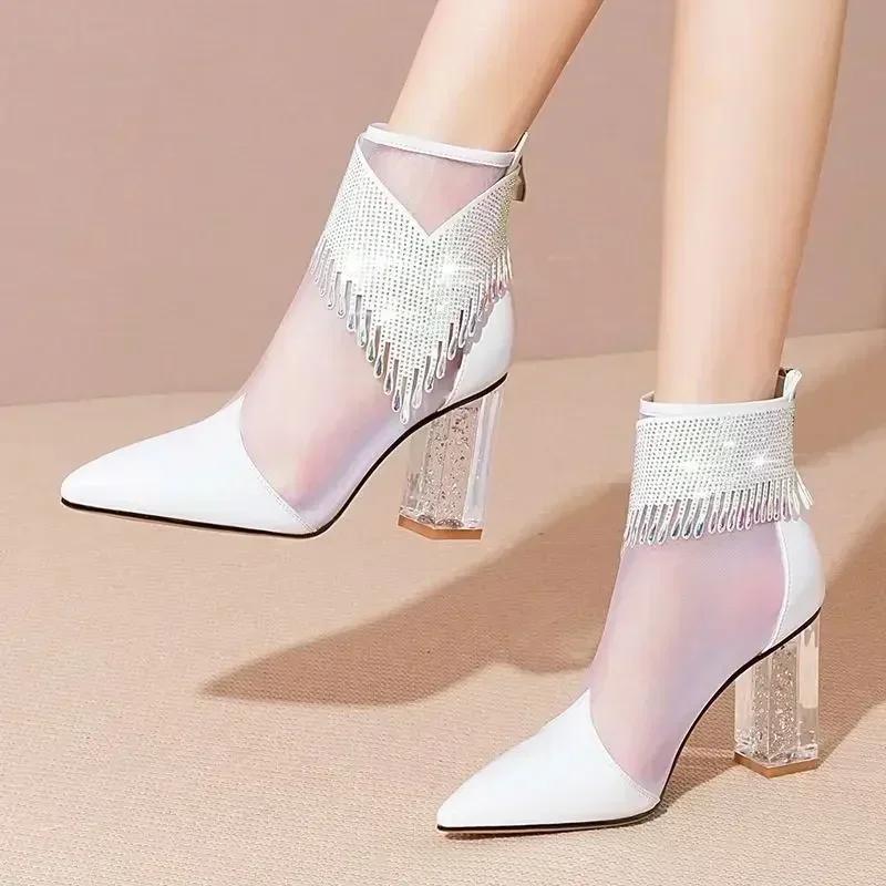 Rubber Soled Dance Boots Women 2025 Spring Pointy Rhine-diamond Tassel High Heel Mesh Latin Jazz Modern Dance Shoes Stage Show