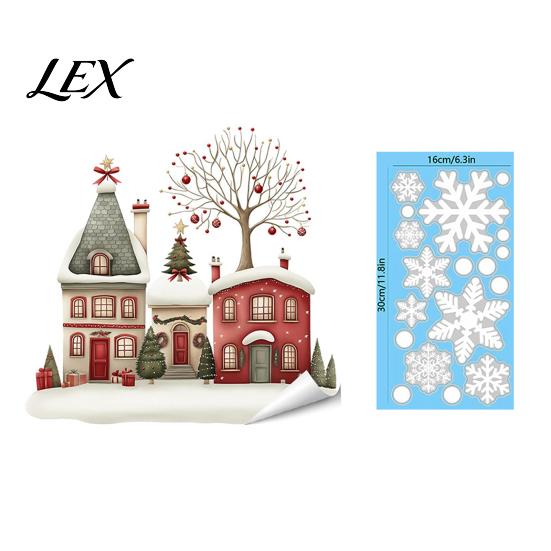 Coffee Shop Window Decorations Christmas Static Clings, Snowy Town House Snowflake Glass Decals, Reusable Patterns for Home Xmas Stickers, Holiday