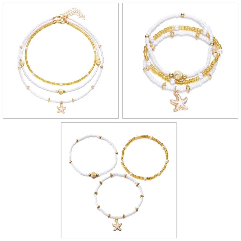 Fashionable Natural Shell Pearls Elastic Jewelry Triple Wear Neck Chain Wrist Ankle Decoration Coastal Styles Use