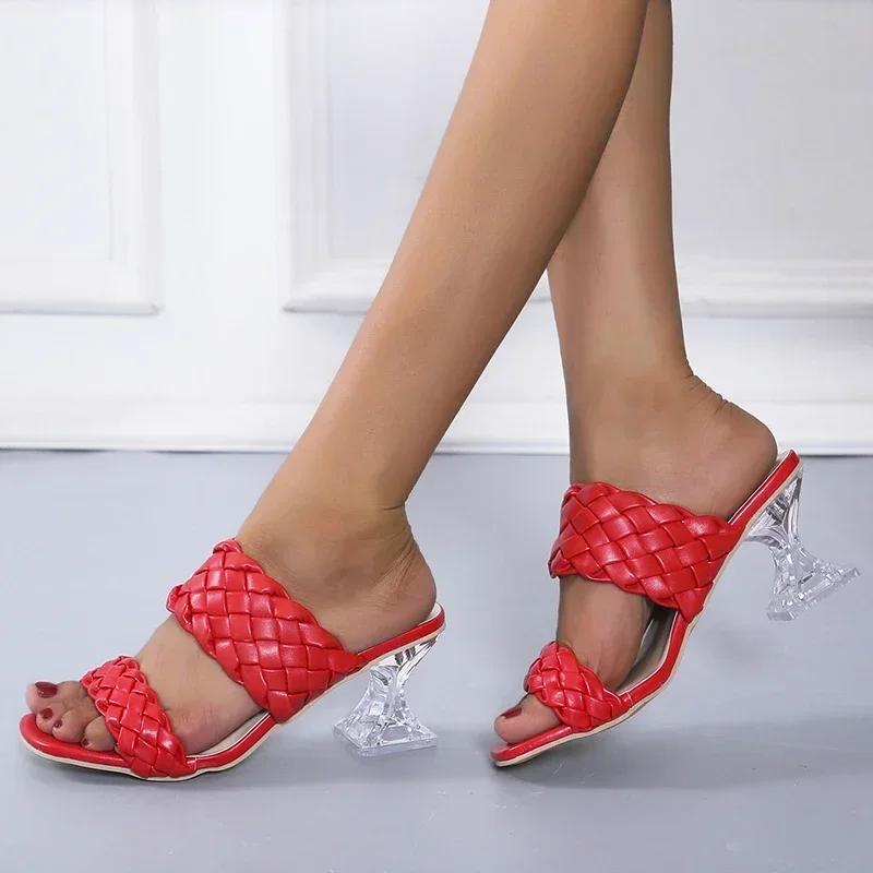 fashion Summer Women Mules Design Slippers Sandal Slides Braided Cord 7cm Transparent Heels Women Shoes Female Size 36-43