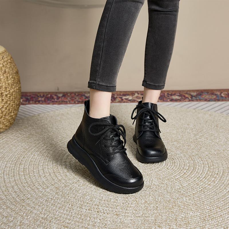 Top layer cowhide autumn single lining genuine leather women's British style thick soled lace up short boots women's casual shoe