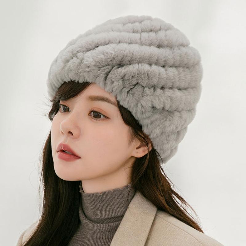 Rex Rabbit Hair Scarf Hat Two-piece Set Winter Women Middle-aged and Elderly Rex Rabbit Hair Braided Elastic Warm Thickened Hat