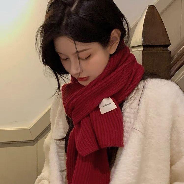 New All-match Soft Arctic Velvet Scarf for Female Students in Winter Thickened Red Warm Knitted Couple Scarf