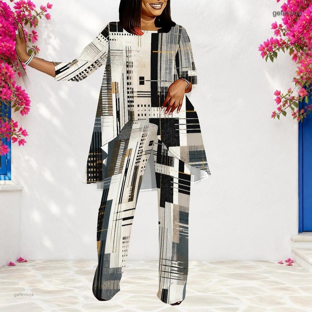 Women Plus Size Beige Dark Green Printed Round Neck Three Quarter Sleeve Asymmetrical Top Long Pants Two Piece Set