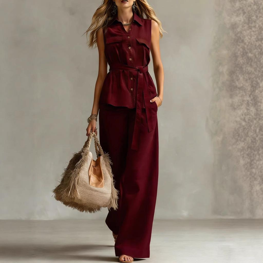 New spring and summer European and American comfortable casual style sleeveless waist lace-up collar shirt trousers cover women's clothing