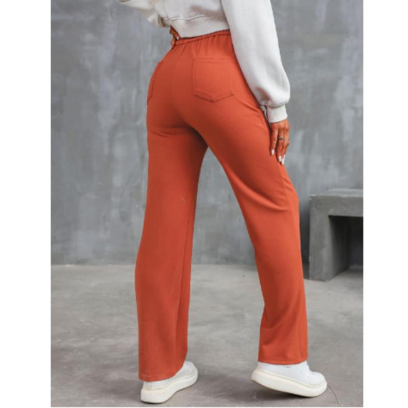 Pantaloni casual da donna alla moda a gamba dritta, pantaloni elasticizzati con bottoni a vita alta e tasche multiple