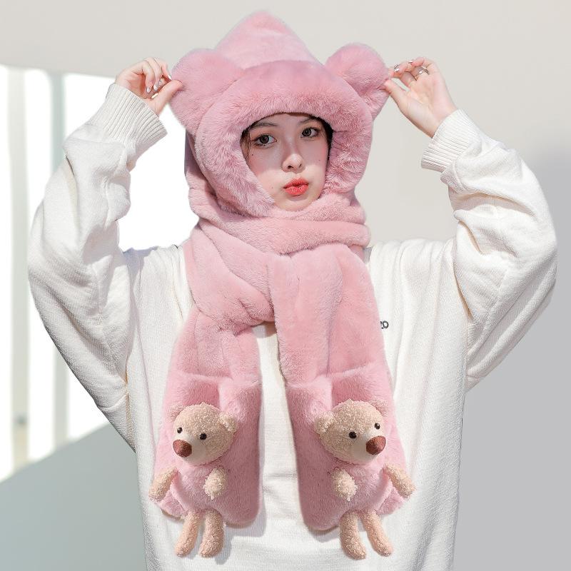 Cute winter bear hat scarf integrated hooded three-piece set women's winter plush gloves ear protection hat