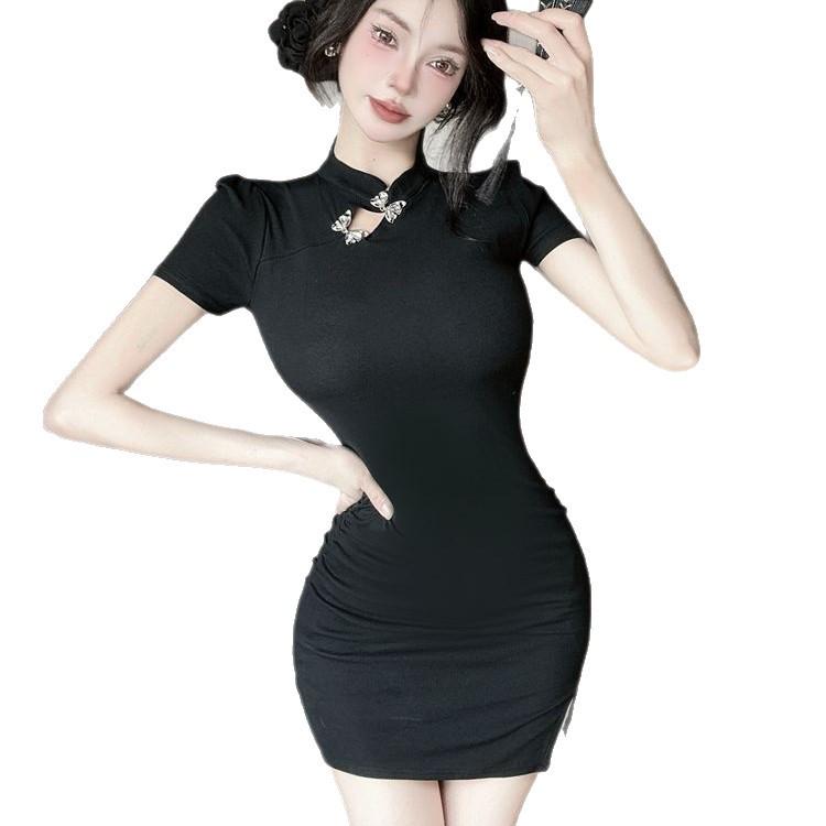 New Chinese Qipao: Waist-Cinching, Hip-Hugging Short Sleeve Dress with 3D Decoration & Hollow Design for a Sexy Summer Look