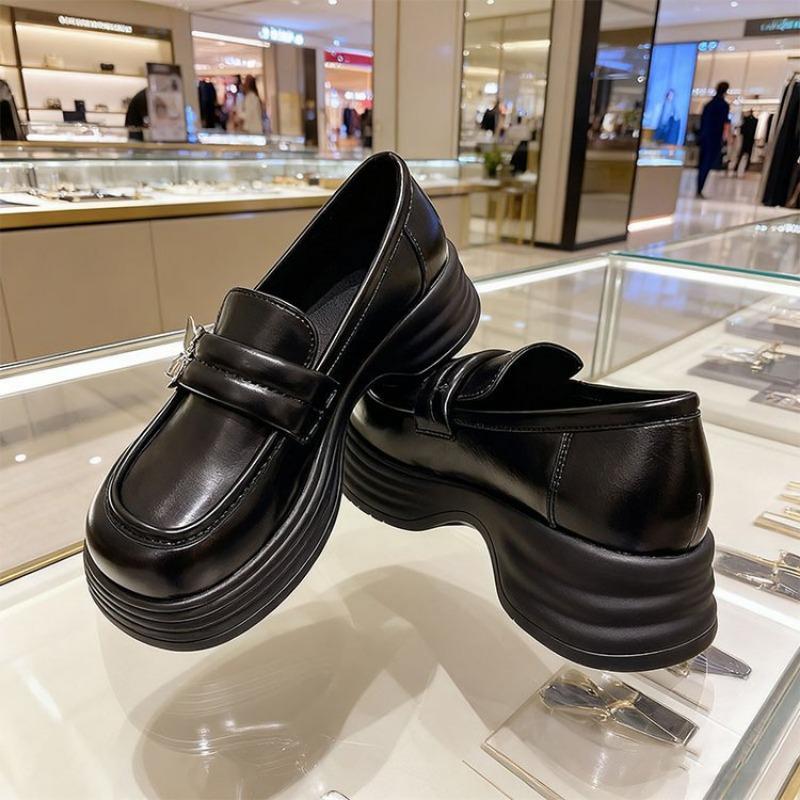Neue Damen Lederschuhe, Loafer mit dicker Sohle, Klobige Absätze, Mittelhohe Einzelne Schuhe