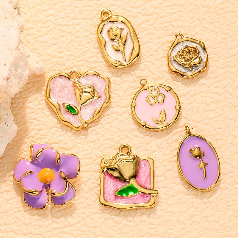 Colorful Geometric Heart Flower Drip Oil Stainless Steel Earrings & Necklace Set