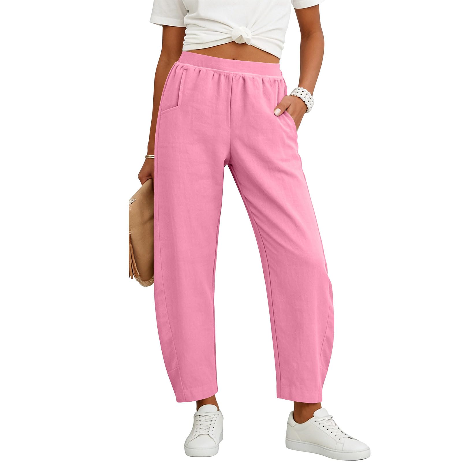 

Women Elastic High Waist Pant Casual Fit Wide Leg Long Pants Trousers With Pockets S розовый