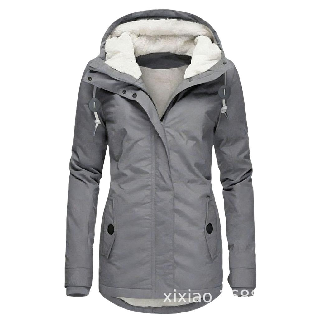 Women's Hooded Sherpa Lined Midi Coat Solid Color Zip Up Warm Winter Casual Outerwear Jacket