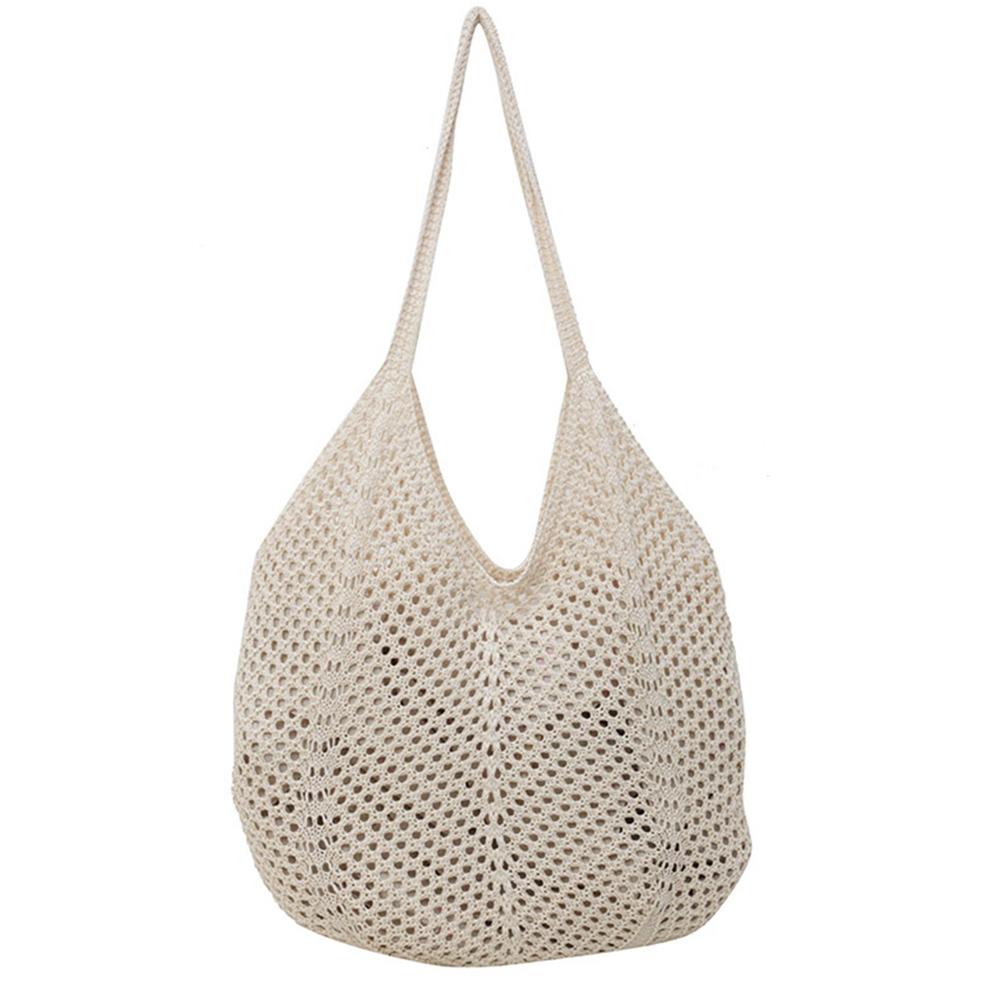 Women Knitting Shoulder Bag Large Capacity Hollow Woven Underarm Bag Solid Color Hand Knitted Tote Handbag Summer Mesh Beach Bag