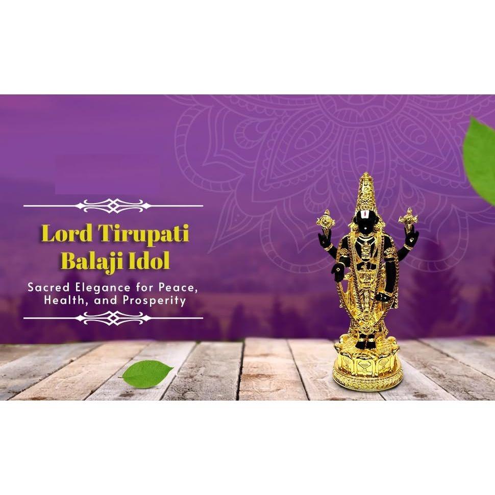Lord Tirupati Balaji Gold Plated Black Terracotta Idol for Car Dashboard | Vishnu Ji Idol for Office Desk | Venkateswara Swamy Murti for Home |