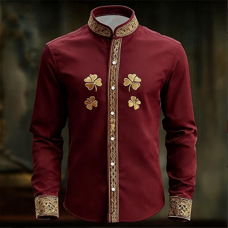Camicia da Uomo Floreale a Maniche Lunghe con Stampa Trifoglio 3D Dorato Camicia a Maniche Lunghe alla Moda e Lussuosa