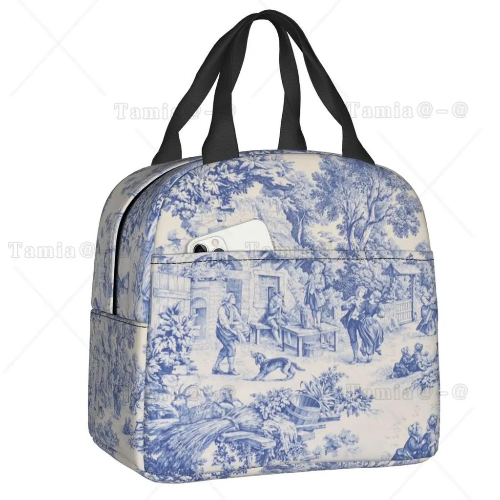 French Toile De Jouy Navy Blue Motif Pattern Thermal Insulated Lunch Bag Lunch Container for Outdoor Picnic Storage Food Box