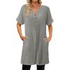 Women's Fashion Casual Short Sleeve Button V-Neck With Pocket Long Top