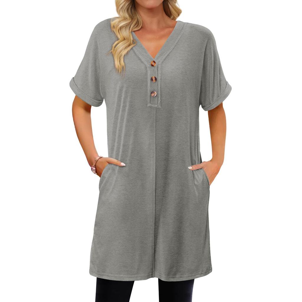 Women's Fashion Casual Short Sleeve Button V-Neck With Pocket Long Top