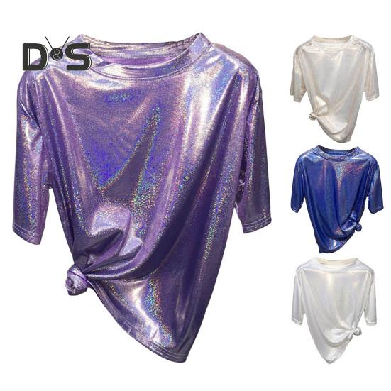 Dámské funkční triko s kulatým výstřihem, krátký rukáv, volný střih, třpytivé reflexní triko Tričko Party Dance Pullover Top