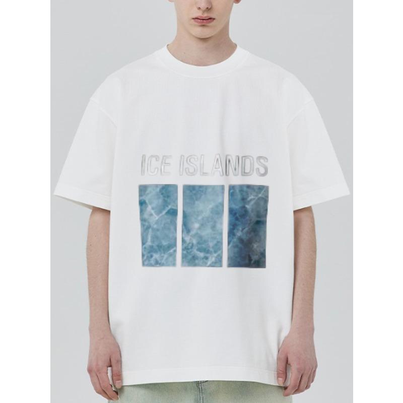 Oversized T-Shirt White Ice Islands Text and Abstract Blue Water Pattern Print Casual Streetwear Summer Outfit Men s Fashion S