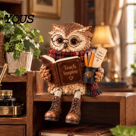 Owl Figurines for Bookshelf 2Pcs Reading Resin Figurines, Sitting Edge Statue with Glasses Cute Animal Statues Mantel & Book, Vintage Rustic
