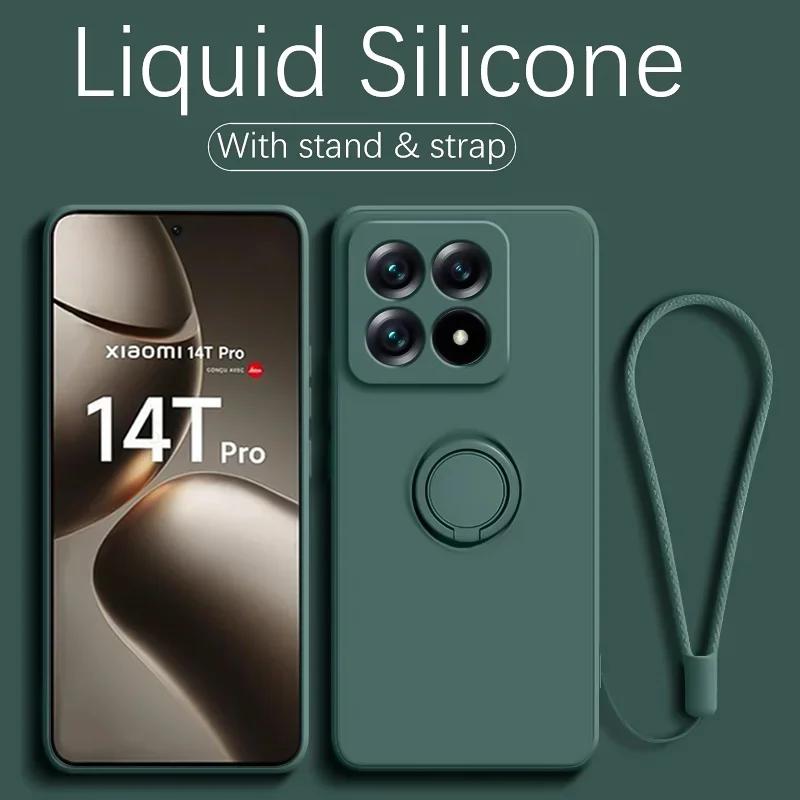 Liquid Silicone Phone Case For Xiaomi Redmi Note 15 14 Pro Plus + 13 Pro 12  5G 4G Metal Ring Holder Cover With Strap Etui Coque