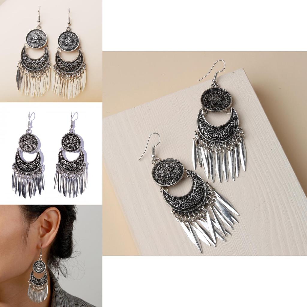 Vintage Alloy Long Drop Earrings With Silver Accents For Wedding And Festival Events