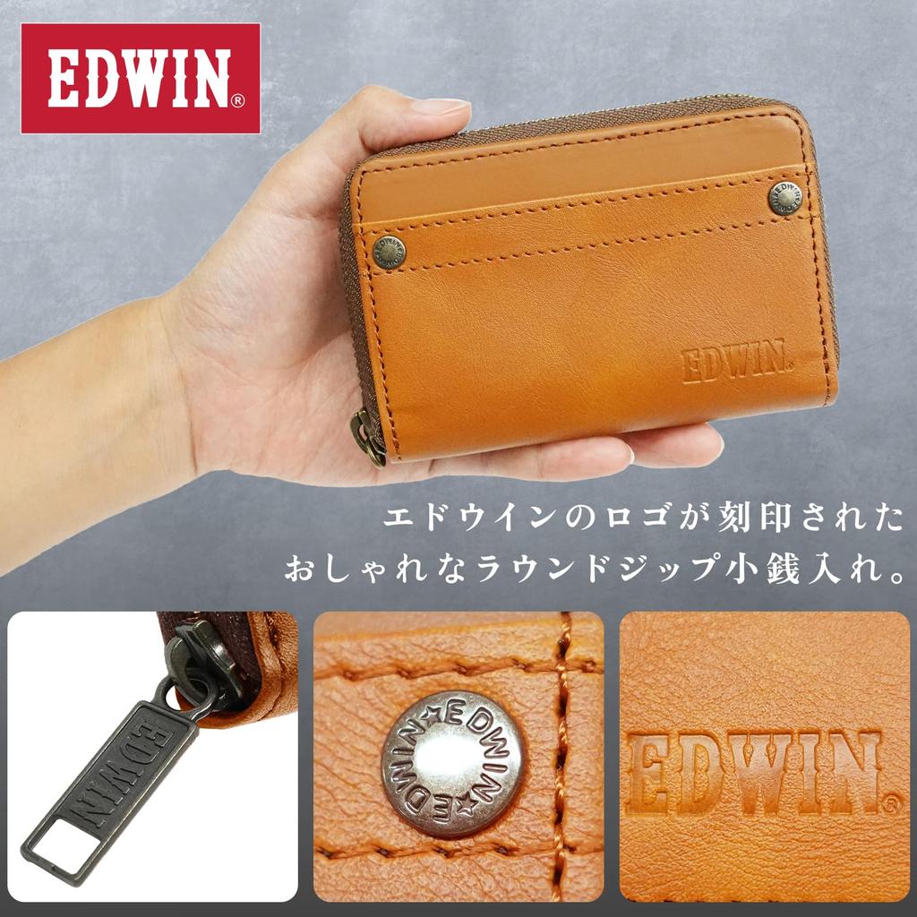 Edwin Coin Purse Embossed Synthetic Recycled Bill Coin Card Box Included 0510636, Logo, Rivets, Leather, Leather, Storage, Storage, Storage,