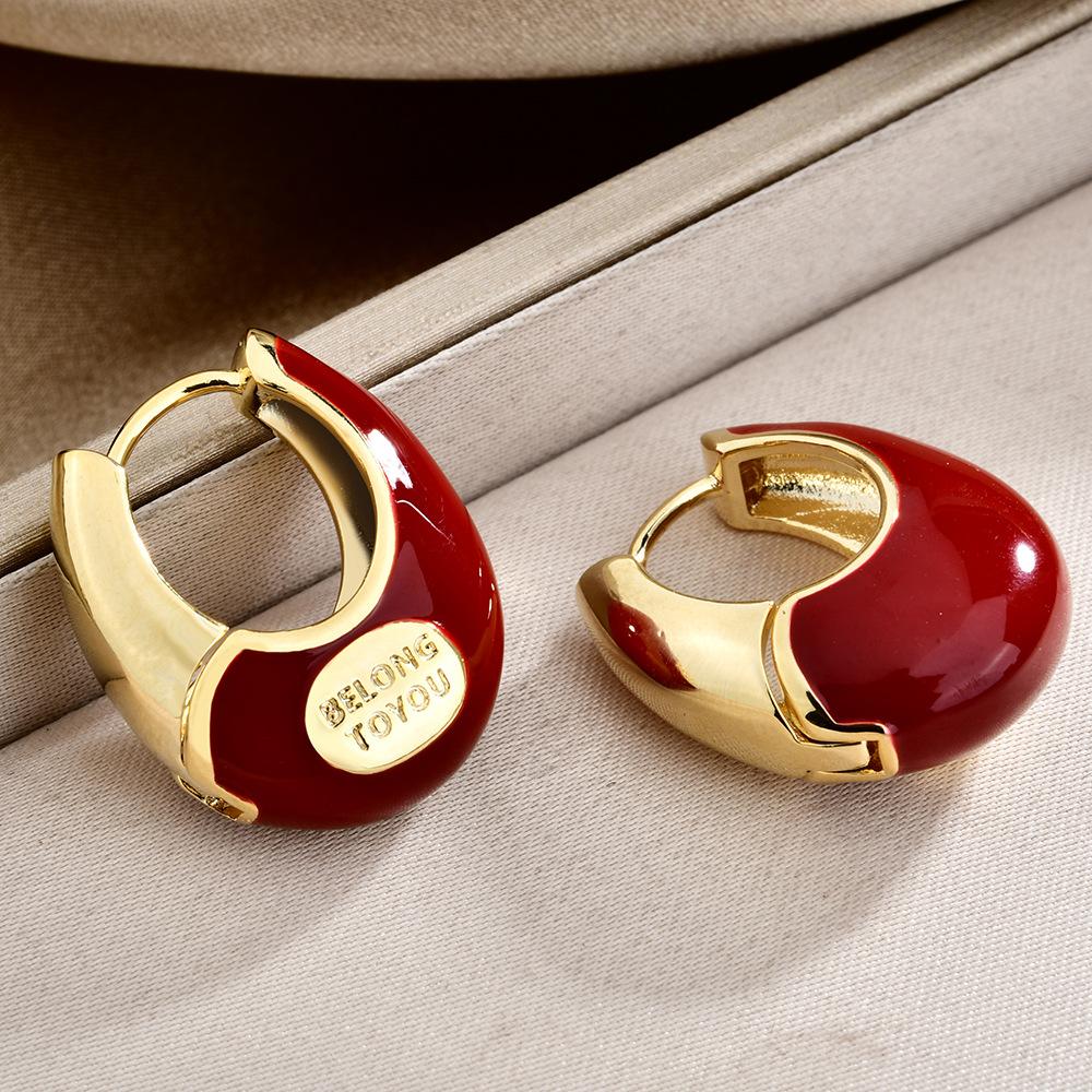 Французские винтажные красные эмалированные серьги-кольца, легкая роскошь, массивные позолоченные серьги-гвоздики для женщин