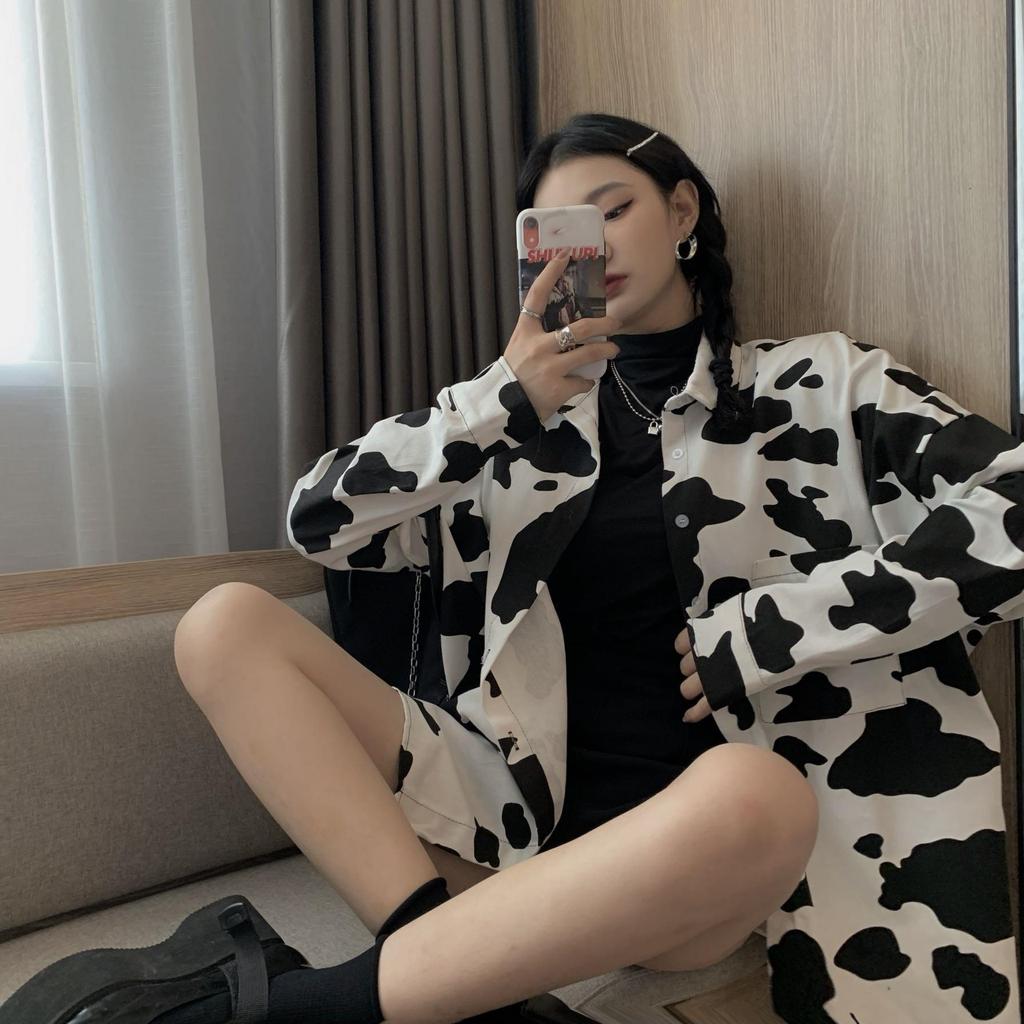 Μπλούζες Γυναικείες Μεγάλου Μεγέθους με Μοτίβο Αγελάδας Harajuku Colorblock Κινούμενα Σχέδια Πουκάμισο με Κουμπιά Χαλαρές Μακρυμάνικες Καθημερινές Vintage Τοπ Streetwear