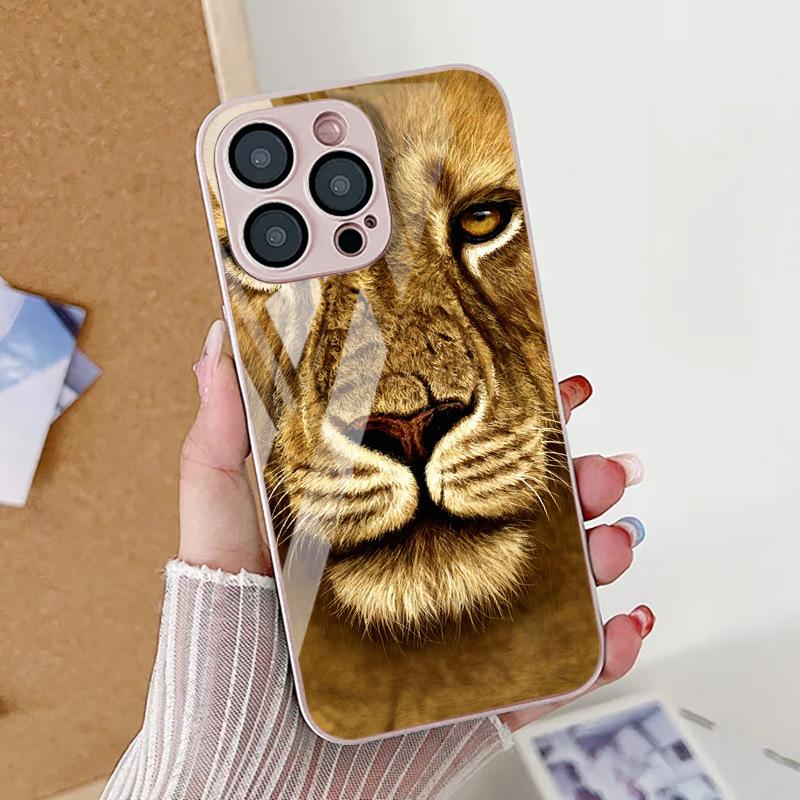 Lion face photo for iPhone17ProMax metallic paint glass mobile phone protective case 17 all-inclusive 15 fine holes