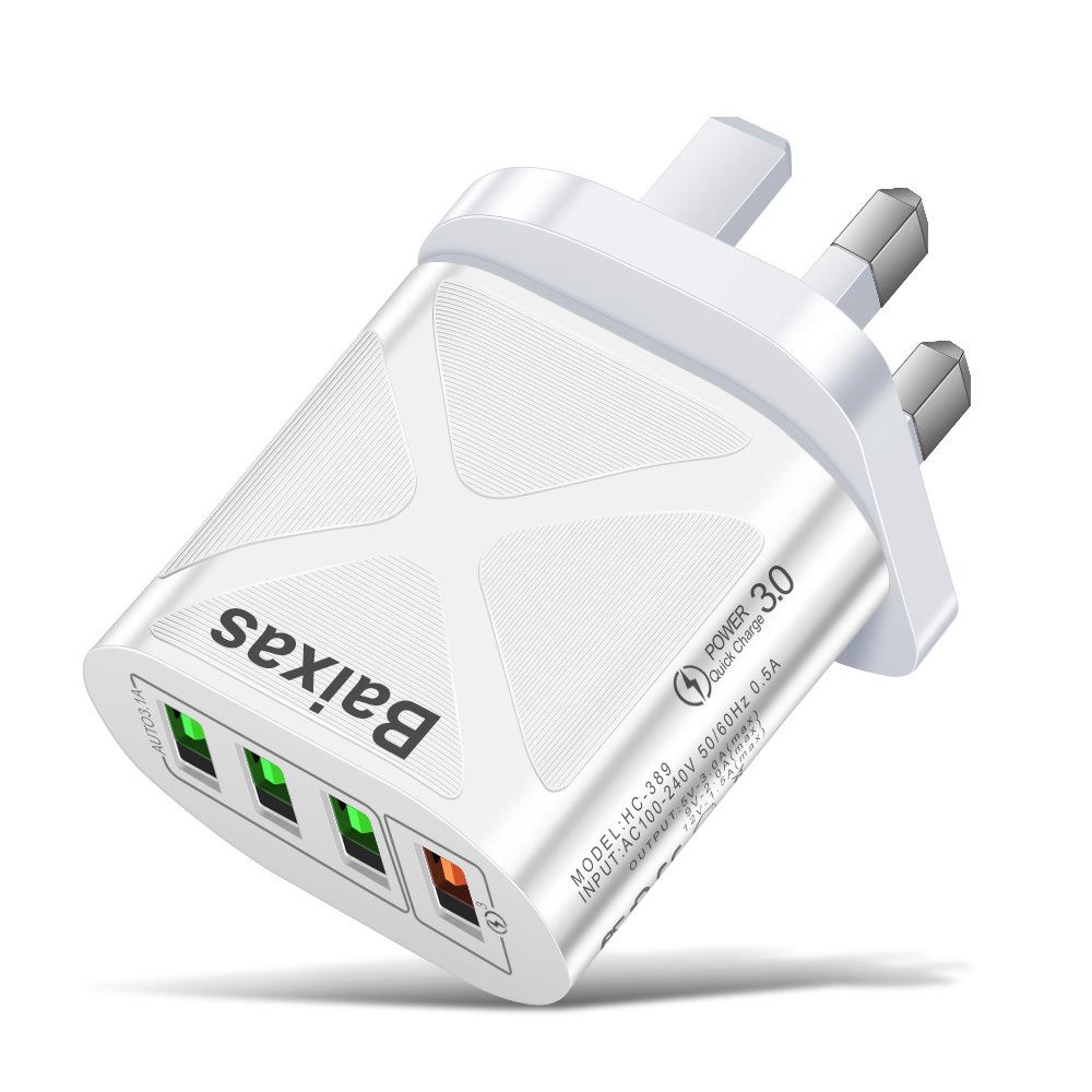 Multi-Port USB Fast Charger QC3.0, 4 Ports, 5V/9V/12V, Compatible with EU/US/UK/AU Standards