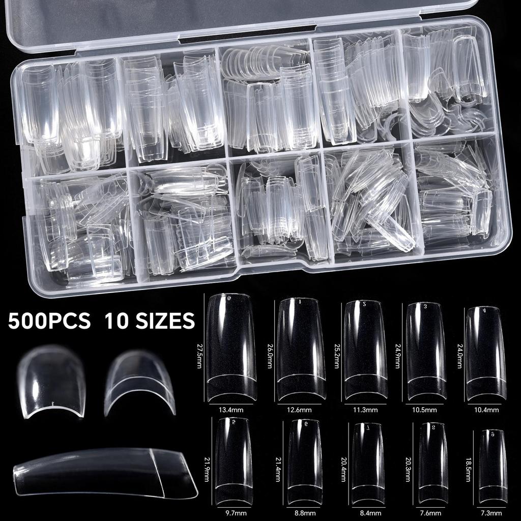 500 Buc. Tips Unghii Pătrate Franceze Transparente/Naturale Unghii Acrilice Artificiale Jumătate Fulgi Falsi Tips Unghii 10 Mărimi cu Cutie de Plastic Transparentă