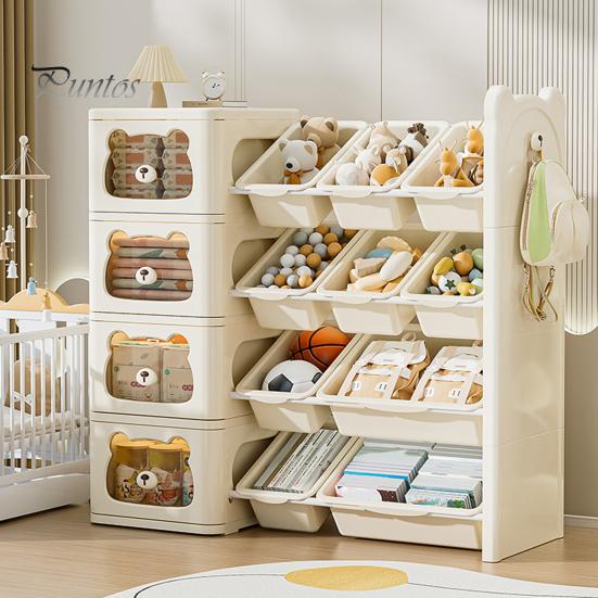 Multi-Box Shelf Toy Storage Organizer Boxes with Nursery Baby Room Solution Bins And Bookshelf Hook for Kids Bedroom Playroom Snack