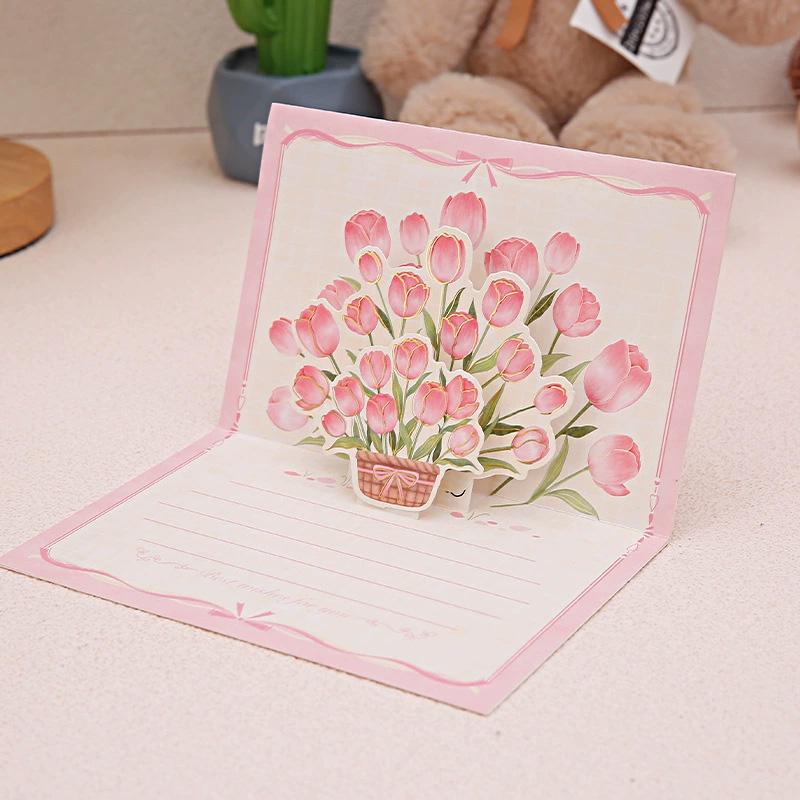 1PC Paper Postcard 3D Greeting Card Creative Roses Birthday Gift Card Sunflowers Bouquet Pop-Up Tulips